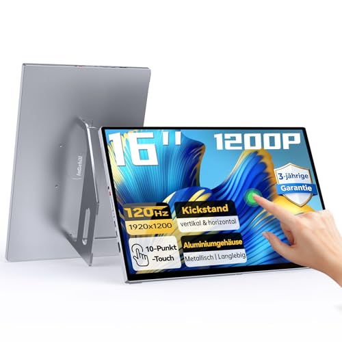 Intehill Tragbarer Monitor 16 Zoll 120Hz Touchscreen Gaming, USB-C FHD 1920x1200 IPS 300 Nits 100% sRGB, Aluminiumgehäuse mit Lautsprecher… – Ansicht 1
