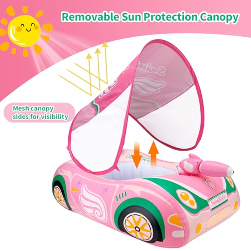 Swimbobo Toddler Pool Float Inflatable Car Baby Swim Float with Adjustable Sun Canopy and Safety Seat Pool Toys for Kids 3+ Years Old(Pink Green Car)