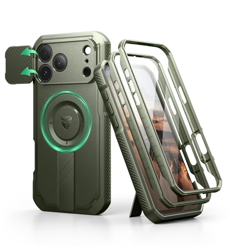 Image of Dexnor for iPhone 17 Pro Max Case, [2 Front Frame & Built-in Flip Camera Cover & Kickstand], Compatible Wireless Charging, Heavy-Duty Shockproof Case with Screen Protector, 6.9 inch Army Green