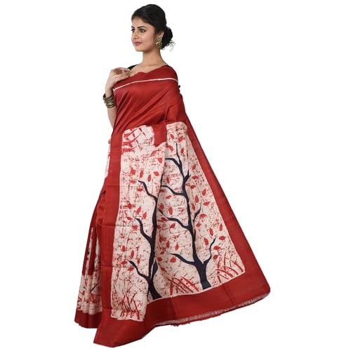 Image of 3stones Women's Mulberry Silk Saree | Printed Handwoven, Hand Batik Pure Saree with Unstiched Blouse Material Piece | Suitable for All Indian Weddings & Festivals | Traditional flower Prints
