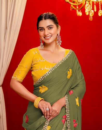 Image of SIRIL Women's Embroidery, Mirror Work, Scalloped Border Shimmer Georgette Saree With Unstitched Blouse Piece