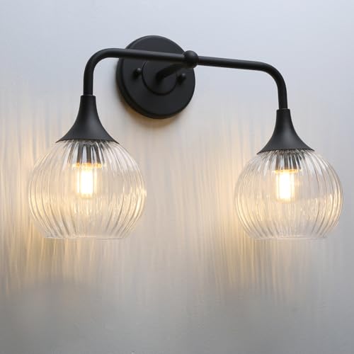 Image of Pathson 2-Lights Globe Wall Sconce Light, Striped Glass Bathroom Wall Vanity Lamp for Mirror, Hardwired Vintage Wall Sconce Lighting for Wall Painting Living Room Bedroom Farmhouse