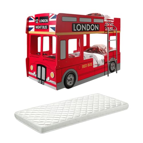 AltoBuy Soho - Lits Superposés 90x200cm Bus Londres avec LEDs + Matelas