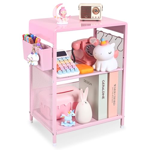 Gugsey Pink Small Nightstand Kids Nightstand for Bedroom End Table with Hooks and Holder Toddler Bedside Table for Girls Desk Organizer for Office Dorm (Pink)