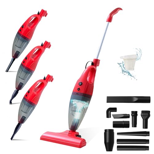 Belaco 700W Corded Stick Vacuum Cleaner, Powerful All in 1 Upright & Handheld Vacuum with HEPA Filter, 1.2L Dust Cup, 11 Attachments, 5m Cable for Home & Car - Red
