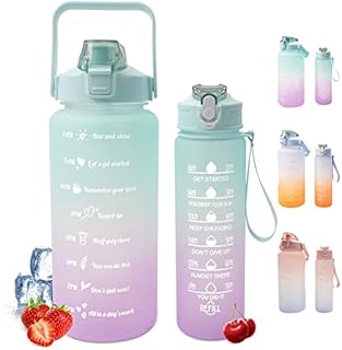2 Pack Sports Water Bottle With Straw,2L+750ml Measured Plastic Drinking BPA Free Non-Toxic Sports Drinks Time Markings Motivational Fitness (green)