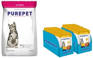 Purepet Tuna and Salmon Adult Cat,Dry,7 kg & Wet Cat Food, Real Tuna and Chicken Liver in Gravy, 24 Pouches (24 x 70g)