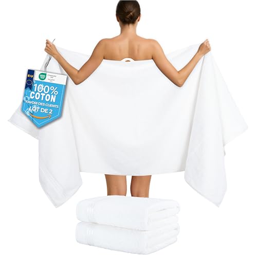 Hammetex Lot de 2 Très Grandes Serviettes de Bain et Sauna 80x200 cm, 100% Coton 500 GSM,...