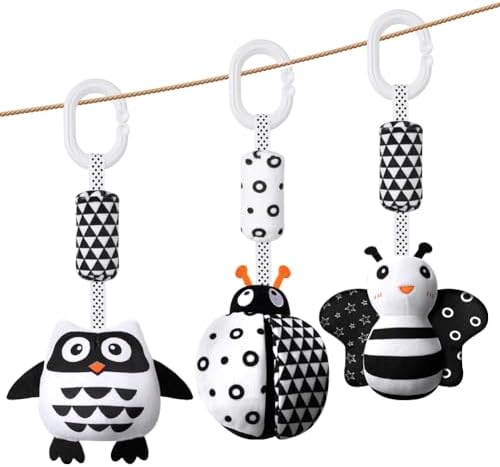 Aolso Kinderwagen Spielzeug, 3Pcs hängendes Rasselspielzeug, schwarz-weißes Spielzeug, Baby-Hängespielzeug, Neugeborenes Autositz-Spielzeug für Jungen und Mädchen, sensorisches Ler