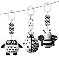 Aolso Kinderwagen Spielzeug, 3Pcs hängendes Rasselspielzeug, schwarz-weißes Spielzeug, Baby-Hängespielzeug, Neugeborenes Autositz-Spielzeug für Jungen und Mädchen, sensorisches Lernspielzeug