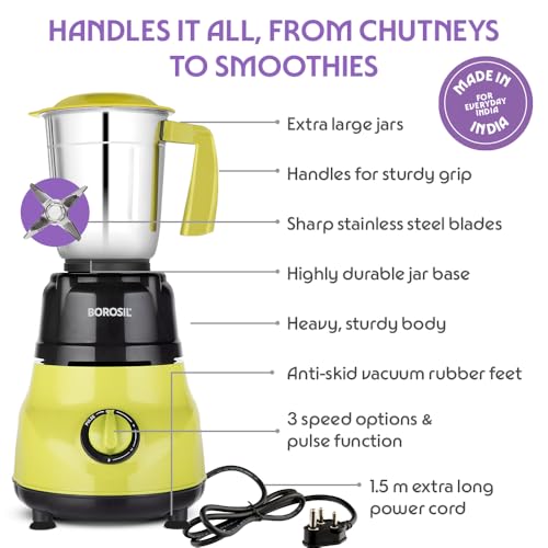 Image of Borosil Max 500 W Mixer Grinder | Wet & Dry Mixing, Grinding & Blending | 3 Jars with PP Lid (1.2 L Blending, 0.8 L Grinder, 0.4 L Chutney Jar) | Mixie For Kitchen, Yellow | 2 Years Warranty