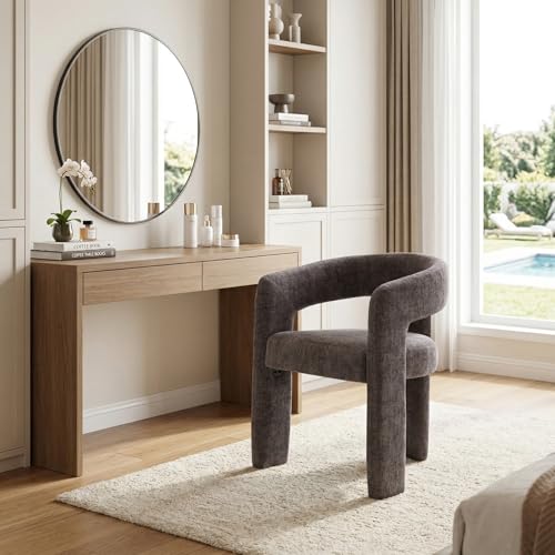 Image of HNY Modern Barrel Kitchen & Dining Room Chair, Chenille Upholstered Accent Chair with Arm, 18.5'' Wide Side Armchairs Vanity Chairs for Living Room Bedroom Makeup Small Spaces, Charcoal Grey