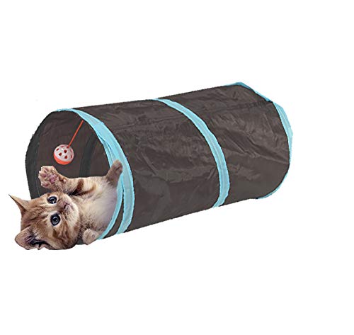 Lightweight Collapsible 2-Way Pet Cat Tunnel with Funny Bell and Dangling Fluffy Ball, Interactive Maze House Toy for Cat,Small Rabbits,Kittens,Puppy, Ferrets, Guinea Pig(2 way, Black)