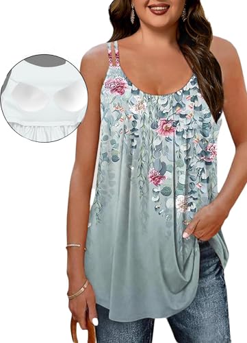 Tank Top with Built in Bra Casual Dusty Blue Floral Print Cami for Women Comfy Loose Fit XS-5XL2