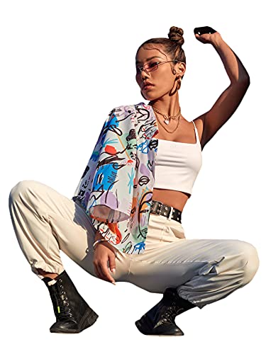 Shein Women's Short Sleeve Collar Drop Shoulder Crop Top Graphic Button Down Shirts Blouse Medium White #TOP4