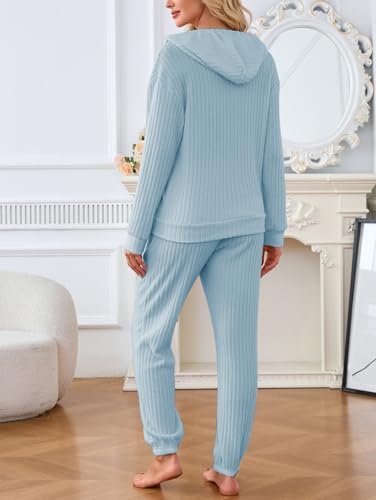 Image of Famulily 2 Pieces Ribbed Knit Outfits Drawstring Hoodies Jogger Pants Matching Pajama Sets with Pockets