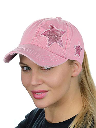 C.C Ponycap Messy High Bun Ponytail Adjustable Glitter Star Distressed Baseball Cap Hat