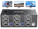 KVM Switch 3 Monitors 2 Computers 8K@60Hz 4K@144Hz, 2 Displayport + HDMI USB3.0 KVM Switch Triple Monitor with 4 USB 3.0 Port for Keyboard Mouse, Wired Remote,Power Adapter and 5 Cables Included