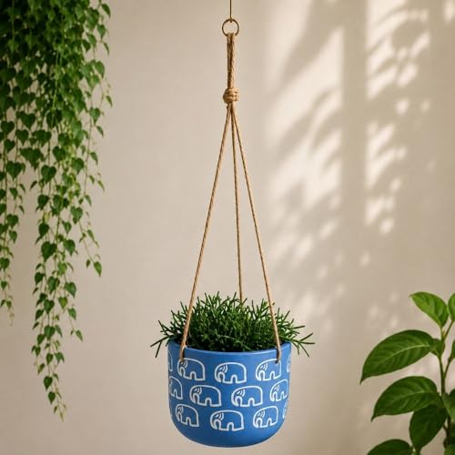 Image of Urban Upvan Elephant Printed Blue Hangingpot with Rope - Premium Decorative Planter for Indoor & Outdoor Plants, Modern Elegant Flower Pot for Home, Garden & Office