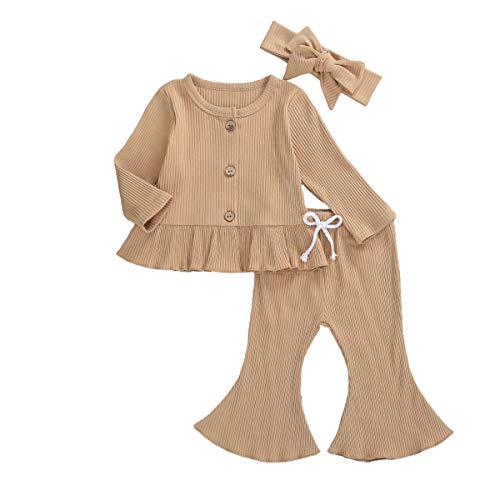 FOCUSNORM Infant Baby Girls Pants Set Solid Ruffle Long Sleeve Shirt Tops & Flared Pants Toddler Fall Clothes Outfits(A01 Long Khaki, 12-18 Months)