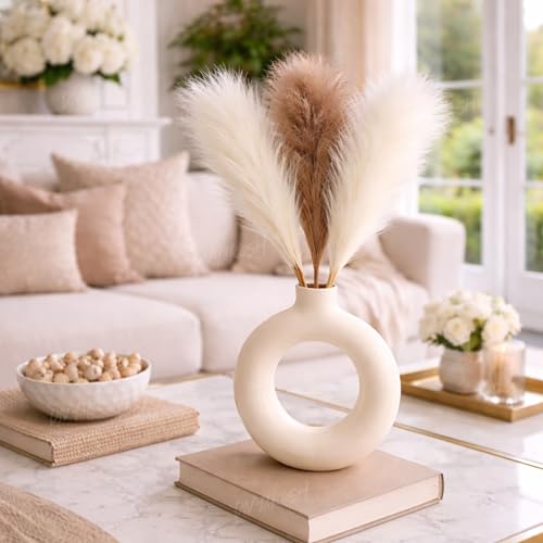 Image of Divyakosh Artificial Pampas Grass 3 Pcs (2 White + 1 Brown) Faux Dried Flowers Small Flower Stems for Home Decor, Living Room, Bedroom, Table Vase Decoration Office Boho Decor (41 cm, No Vase)