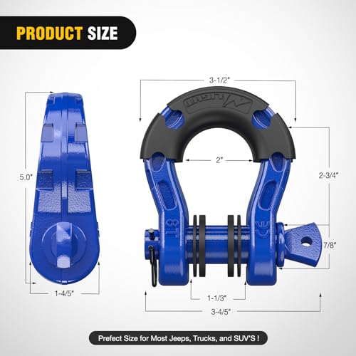 Image of Nilight Heavy Duty Mega D-Ring Shackles(2 Pack) 68,000 lb Break Strength(17,000 lb WLL) w / 7 /8″ Screw Pin & Washers, Forged Steel Off-Road Recovery Shackles for Tow Strap & Winch Gear, Blue