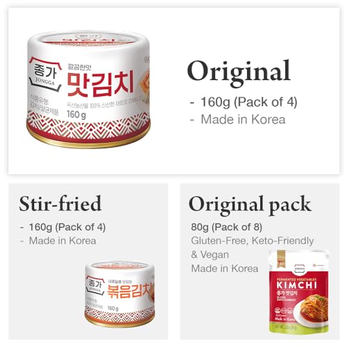 JONGGA Original Can Kimchi (Pack of 1), Shelf Stable Canned Kimchi, Spicy Korean Authentic Fermented Pickled Cabbage, Perfect with Ramen, Noodles and Rice