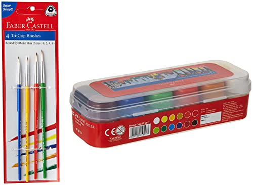 Image of Faber-Castell Plastic Poster Color Tin Box - Pack Of 12 (Assorted) Tri-Grip Brush - Round, Pack Of 4 (Assorted)