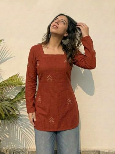 Image of ANNI Designer Women's Viscose Blend Printed Short Kurti | Straight Fit Casual Ethnic Top | Square Neck 3 /4 Sleeve Kurta Office College