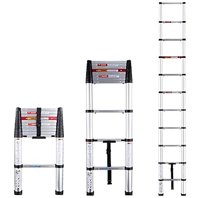 MEANFUN 10.5 FT Telescoping Ladder, One-Button Retraction Aluminum Compact Retractable Telescopic Ladder for Attic RV Roof Home, Soft-Close Design Folding Ladder with ANSI Certified, 330 Lb Capacity