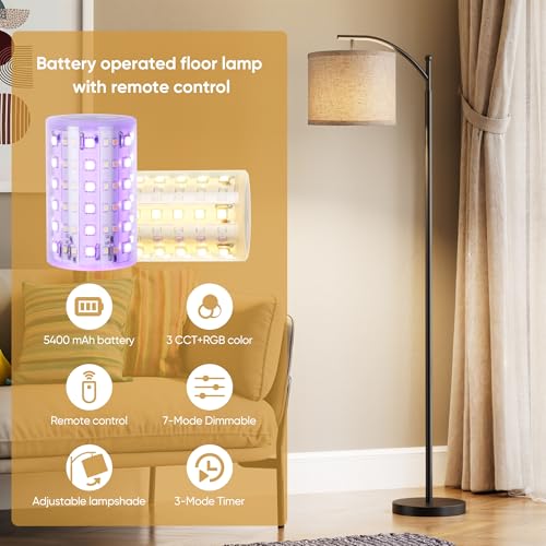 Image of Battery Operated Floor Lamp, RGB Dimmable Cordless Standing Lamp with Remote Control for Living Room, Tall Floor Lamp for Bedroom -Black