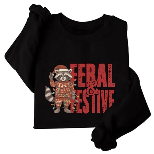 Image of TONGCHEN Feral and Festive Raccoon Sweatshirt for Women Funny Christmas Holiday Sweatshirts Xmas Gift (US, Alpha, Small, Regular, Regular, Black)