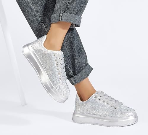 Image of LUCKY STEP Rhinestone Sneakers for Women Platform Sparkly Glitter Bling Tennis Shoes Fashion Bedazzled Wedding Bridal Party Walking Sneakers