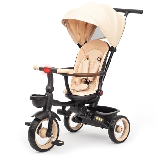 UBRAVOO Baby Dreirad,7-in-1 Klappdreirad für Kinder ab 6 Monaten bis 5 Jahr, Scheinwerfer,Bremspedal,Erweitertes Verdeck,Abnehmbares Geländer,Geländegängiger Kinderwagen mit Lauf&Lenkfunktion
