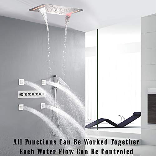 LED Ceiling Rain Shower Head System With Handheld Spray Thermostatic 28X17 Inch Rainfall Shower Set (Brushed Nickel)