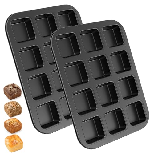 CBWERBB 2 Pack 12 Cavity Square Mini Loaf Tins Non-Stick Carbon Steel Cupcake Baking Tray Mini Brownie Pan Muffin Moulds for Oven Reusable Bakeware Set for Cakes Bread & Desserts(Grey)