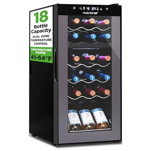 NutriChef 18 Bottle Wine Fridge | Dual Zone Wine Chiller | Adjustable Temperature 41°F to 64°F | Ultra Quiet Operation | Wine Cooler For Home & Office | Free Standing 32x13x19 IN | Black