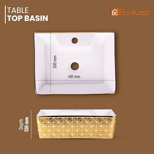 Image of Bonkaso ALTO 1005 Designer Ceramic Table Top Wash Basin | White & Gold Checked Rectangular Countertop Vanity Sink | 41 x 30 x 13 cm | Premium Glossy Finish Bathroom Basin