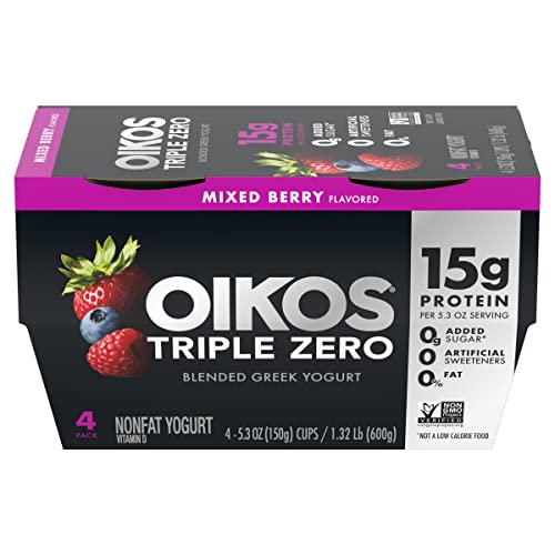 Oikos Triple Zero Mixed Berry Nonfat Greek Yogurt Pack, 0% Fat, 0G Added Sugar And 0 Artificial Sweeteners, Just Delicious Sugar Free High Protein Yogurt, 4 Ct, 5.3 Oz Cups #TOP1