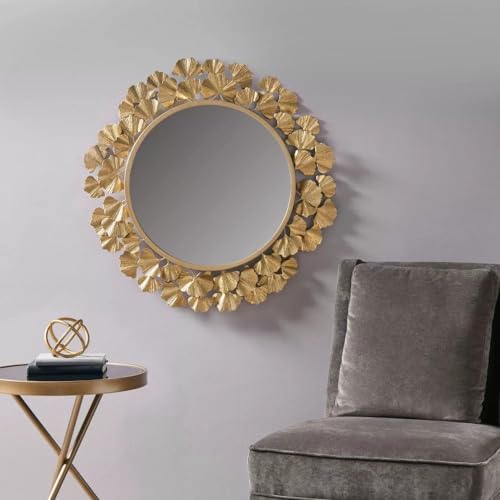 Image of Artemade Iron Framed Decorative Wall Mounted Round Hanging Mirror Ginkgo Plant Golden Leaves Design Modern Mirror for Living Room Home Decor (46 Cm)