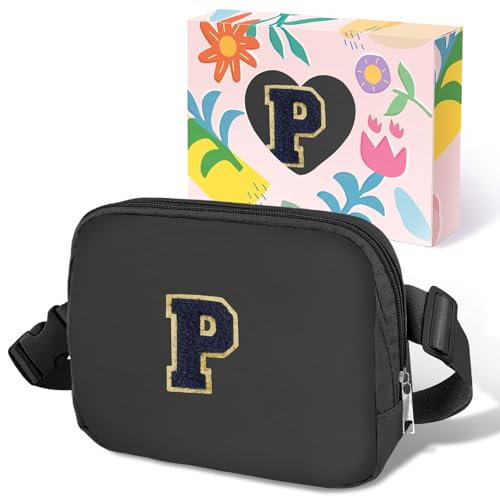 Image of COSHAYSOO Valentines Birthday Initial Gifts for Teen Boys 5 6 7 8 9 10 11 12 13 14 Year Old Black Fanny Pack for Women Belt Bag Crossbody Travel Purse Monogrammed Unique Trendy Stuff Chenille Letter P
