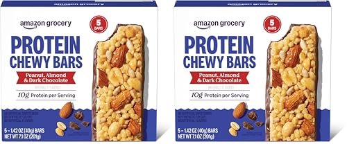 Image of Amazon Brand - Happy Belly Protein Chewy Bars, Peanut, Almond & Dark Chocolate, 5 Count (Pack of 2)