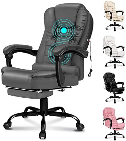 ELFORDSON Office Chair Massage with Footrest for Home Office, Desk Chair High Back 150° Recliner Tilt Function Padded Swivel Upgraded Pull-up PU Leather, Grey