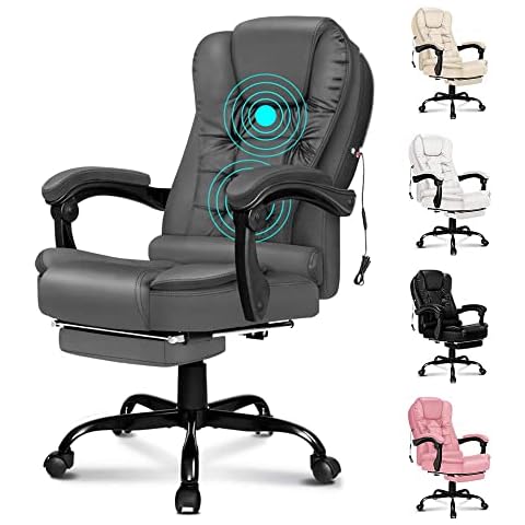 ELFORDSON Massage Office Chair for Home Office, Ergonomic Computer Desk Chairs with Footrest Armrest, PU leather Chair for Adults, Ergonomic Office Chair for Heavy Duty (Grey) Cover