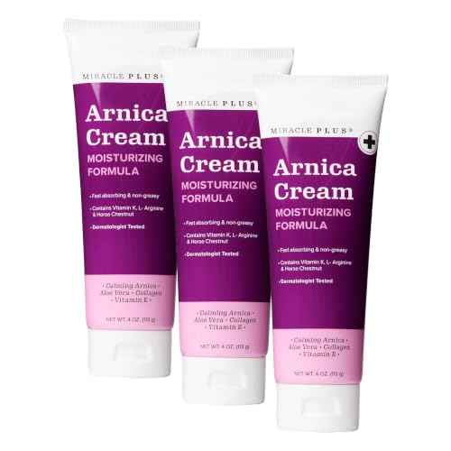 Image of Miracle Plus Arnica Cream Bruise Relief Lotion For Bruising | Arnica Montana Extra Strength Vitamin K Cream | Moisturizing Formula Skin Care Gel With Horse Chestnut, 4 Fl Oz (Pack of 3)