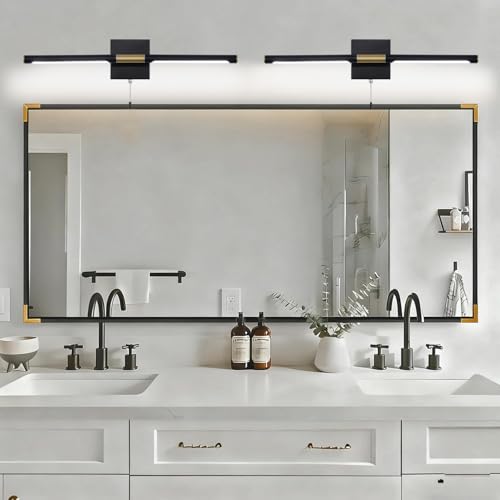 Image of 24 Inch Black and Gold Bathroom Vanity Light with Pull Chain Switch, Modern Over Mirror Wall Sconces Lighting, 6000K 360 Bath Light Fixture with Adjustable Lamp Tubes