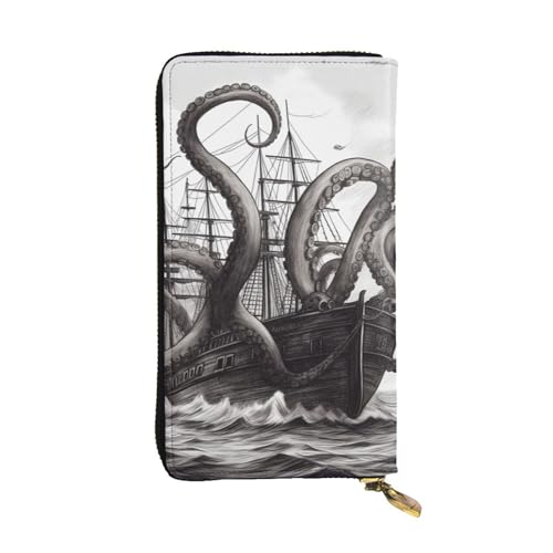 Black and White Octopus and Ship Wallet for Men Women Long Purse Leather Clutch Large Business Handbag Travel Phone Holder Credit Card Holder Money Case with Zipper Leather Wallets Gift