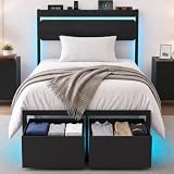 XKLOGER Twin Bed Frames with Drawers, Platform Bed with LED Lights & Charging Station, Wood Headboard, Strong Metal Slats Support, No Box Spring Needed, Noise Free, Easy Assembly