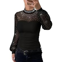 Women Rhinestone Top Mock Neck Lantern Long Sleeve Shirt Sheer Mesh Spliced Tee Hollow-Out Back Slim Fit Top