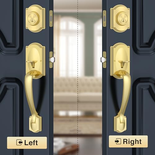 Image of Front Door Lock Set, Gold Front Door Handle and Deadbolt Set, Vintage Exterior Door Lock Set, Front Door Handle with Single Cylinder, Reversible for Right & Left, Satin Brass